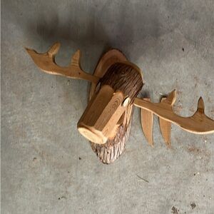 Rustic Wooden Deer / Moose Head Wall Decor - Natural Wood